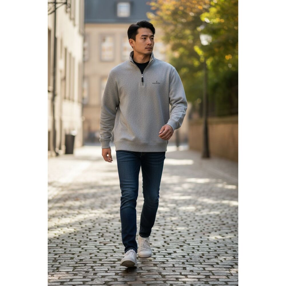 Nautica Men's Large 1/4 Zip Pullover Heather Grey Fleece Sweatshirt Sailing